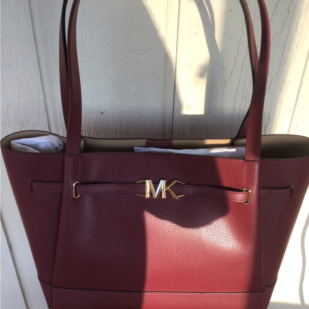Michael Kors Dark Red Tote Bag with Gold Hardware and Structured Design